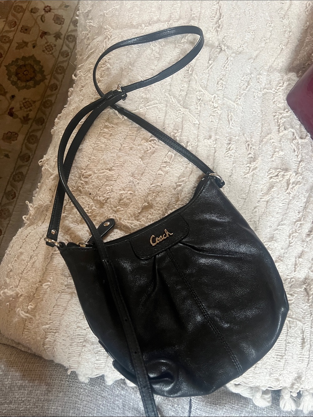 Coach Black Leather Crossbody with Gold Script Logo